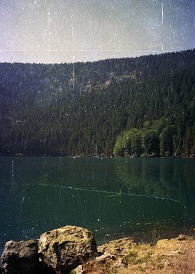 Vibrant alpine lake framed by dense coniferous forest under clear skies, with rocky foreground. Reflective water surface capt...