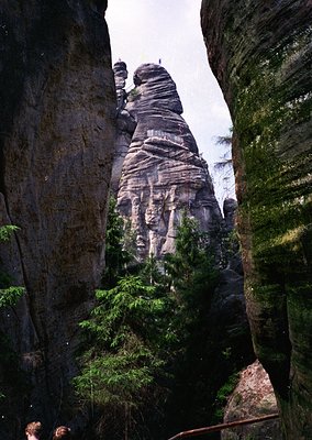 Towering sandstone rock formations frame a narrow, forested valley—likely part of **Saxony Switzerland National Park (Czech R...
