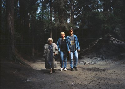 Three individuals pose on a sunlit forest path, surrounded by dense pine trees. The elder woman wears a beige coat and sandal...