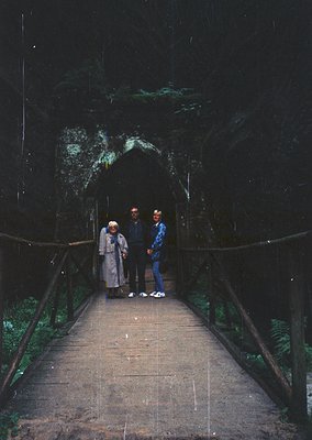 Three individuals pose on a wooden bridge leading into a dark cave entrance, framed by metal railings. The man in the center ...