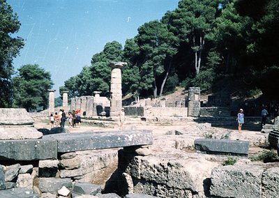 Ancient Greek ruins featuring standing columns and stone foundations, surrounded by lush pine trees. Visitors explore the arc...