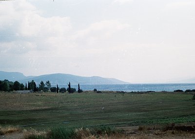 Vintage coastal landscape with sparse vegetation and distant mountains. Low-lying grassy field meets a rocky shoreline, leadi...