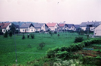 Mid-20th century suburban housing row with uniform brick and stucco facades, gabled roofs, and small front yards. Lush green ...