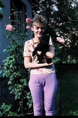 Vintage portrait of a person holding a black cat amidst lush pink roses, likely 1970s–1980s. Floral-patterned top and purple ...