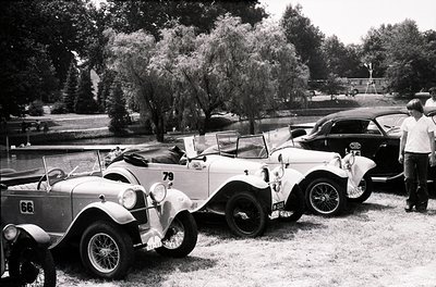 Classic vintage roadsters lined up in a grassy park, 1950s-60s era. Three open-top cars feature spoked wheels, chrome accents...