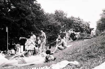 Vintage black-and-white scene of a sunbathing group in a lush, wooded park. Mid-20th century fashion—swimsuits, floral dresse...