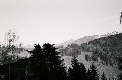 Black-and-white alpine valley framed by dense coniferous forests, with snow-capped peaks in the distance. Mid-20th century mo...