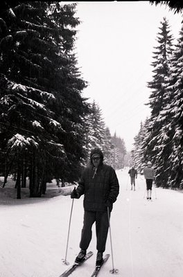 Mid-20th century cross-country skiing scene in a snow-covered forest. A man in vintage winter gear—wool hat, goggles, and a p...