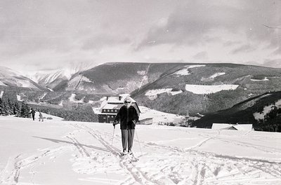 Black-and-white ski resort scene with cross-country skier in mid-motion on groomed trail. Snow-covered alpine landscape with ...