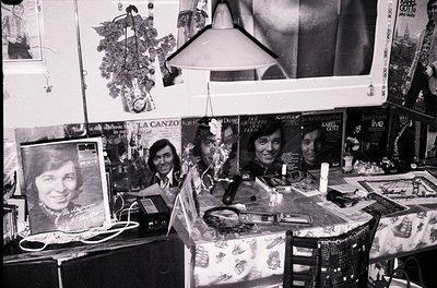 Vintage 1970s music memorabilia display featuring album covers, posters, and a framed portrait. Visible artists include Karel...