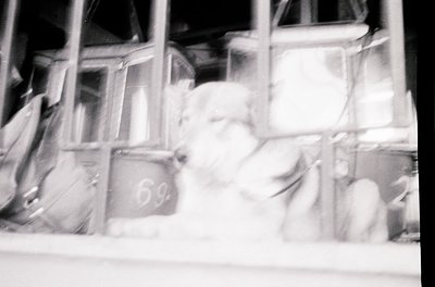 Blurred black-and-white shot of a vintage telephone booth () with a seated figure inside, likely from the mid-20th century. R...