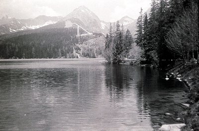 Vintage black-and-white shot of a serene alpine lake framed by dense coniferous forest. A suspension bridge spans the lake’s ...