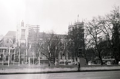 Historic Gothic Revival architecture with pointed spires and arched windows, likely St. Martin-in-the-Fields, London. Barren ...