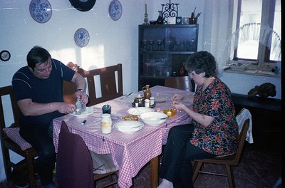 Two individuals seated at a vintage wooden table in a mid-century home, set with checkered tablecloths and ceramic dishes. Th...