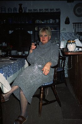Mid-century kitchen interior featuring a woman in a textured gray dress, seated on a wooden chair. She holds a wineglass, sur...