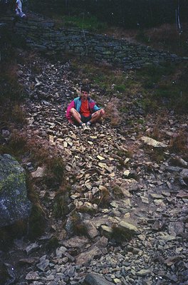 Individual sits on rocky alpine trail, wearing bright red jacket and blue backpack. Stone steps and mossy terrain suggest a r...