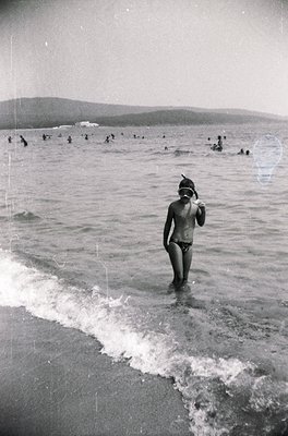 Mid-20th century seaside scene: a lone swimmer in a cap and swim trunks wades into shallow waves, while dozens of bathers dot...