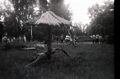 Black-and-white rural scene featuring a thatched-roof shelter in a grassy clearing, surrounded by dense trees. A group of peo...