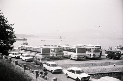 Black-and-white coastal scene featuring a fleet of vintage buses and cars parked along a seaside road, likely a ferry termina...