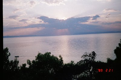 Sunset over a vast body of water with distant landmass, framed by greenery. Soft lighting casts reflections on calm waters. L...