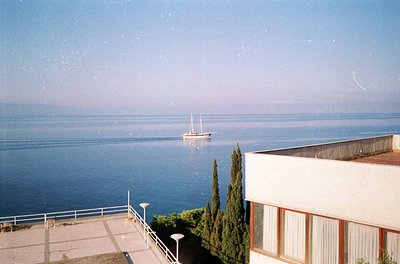 Mid-century seaside resort balcony overlooking calm waters with a lone sailboat. Concrete terrace with potted cypress trees a...