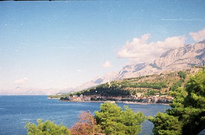 Coastal town nestled between deep blue waters and rugged mountains, likely Mediterranean. Dense greenery frames the foregroun...