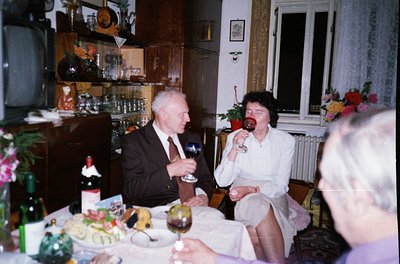 Vintage indoor gathering in a mid-century home, featuring two adults seated at a table adorned with wine bottles, glasses, an...