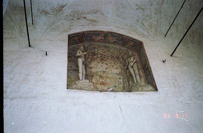 Fresco mural depicting two figures in a niche with arched framing, likely Byzantine or early Christian style. Wall shows sign...