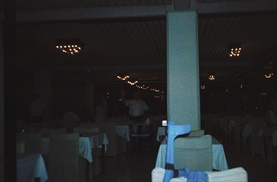Vintage-style restaurant interior with high-backed chairs draped in blue tablecloths, string lights overhead, and a central p...