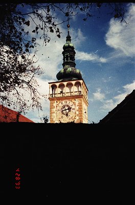 Historic clock tower with Baroque-style architecture, featuring a green-domed spire and ornate clock face. Leaning tree branc...