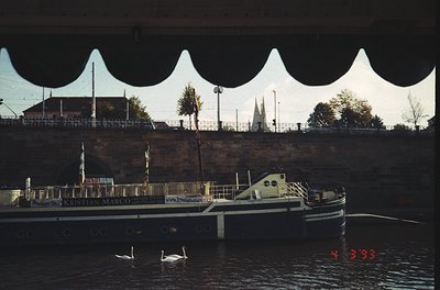 Vintage riverboat "Kristian Marco" docked under a modern, wave-like canopy bridge. Two swans glide near the vessel’s bow. Urb...