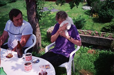 Two individuals relax outdoors in a lush garden setting, likely mid-20th century. The man wears a striped polo shirt and hold...
