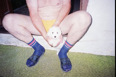 Vintage candid of a person kneeling on artificial turf, holding a small white dog. Wearing yellow shorts, blue socks with red...