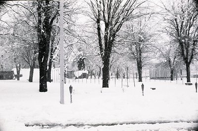 Snow-covered park with leafless trees and a central statue, likely from mid-20th century. Monochrome print suggests vintage o...