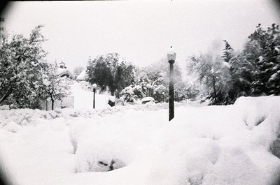 Blurry black-and-white street scene blanketed in deep snow, likely mid-20th century. Snow-covered trees, lampposts, and parti...