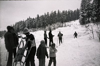 Mid-20th century winter scene: group skiing on groomed trail flanked by dense coniferous forest. Adults and children in vinta...