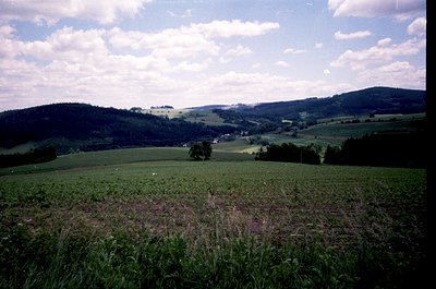 Vibrant rural landscape with rolling hills, lush green fields, and scattered trees under a bright blue sky with scattered clo...