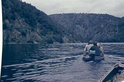 Two scuba divers in full gear float near a rocky coastline, mid-water. Dense forested hills rise steeply in the background. V...