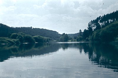 Vintage black-and-white lake scene with dense forest framing both sides, reflecting calm waters. Overcast skies enhance seren...