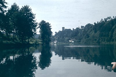 Vintage black-and-white lake scene with a medieval stone tower partially obscured by dense foliage. Reflections create mirror...
