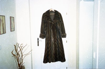 Vintage fur-lined coat in dark striped pattern, displayed on a hanger in a museum or exhibition setting. The coat features a ...