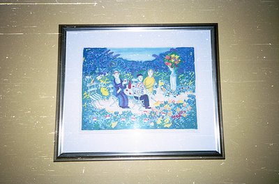 Vibrant folk-art painting depicting three figures seated under a blooming tree in a lush garden. Bold, stylized floral motifs...