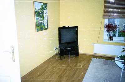 Vintage living room featuring a mid-sized CRT TV on a wooden stand, flanked by a framed landscape painting and a potted plant...