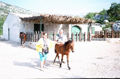 Rural equestrian facility with thatched-roof stables and stone construction. Two women—one leading a brown horse, the other c...