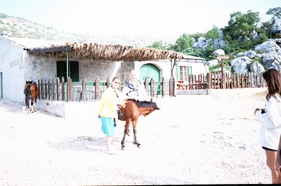 Rural courtyard with thatched-roof structures and stone walls. A woman in a yellow top and blue shorts leads a young brown ho...