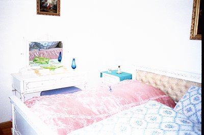 Vintage bedroom featuring a white metal-framed bed with floral-patterned bedding. A framed abstract painting (blue teardrop m...