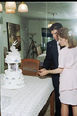 A newlywed couple cuts a three-tiered wedding cake adorned with blue floral designs and bird figurines atop a lace-clad table...