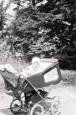 Vintage black-and-white photo of child in a vintage stroller with "SX" branding, set in a wooded area. The child wears a whit...