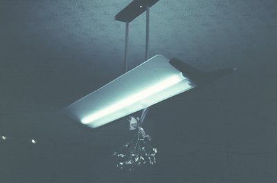 Industrial-style fluorescent light fixture suspended from a rough concrete ceiling, paired with a minimalist crystal chandeli...