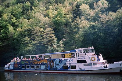 Vintage passenger ferry on a serene river, surrounded by dense forest. The boat features colorful murals of fish and maritime...